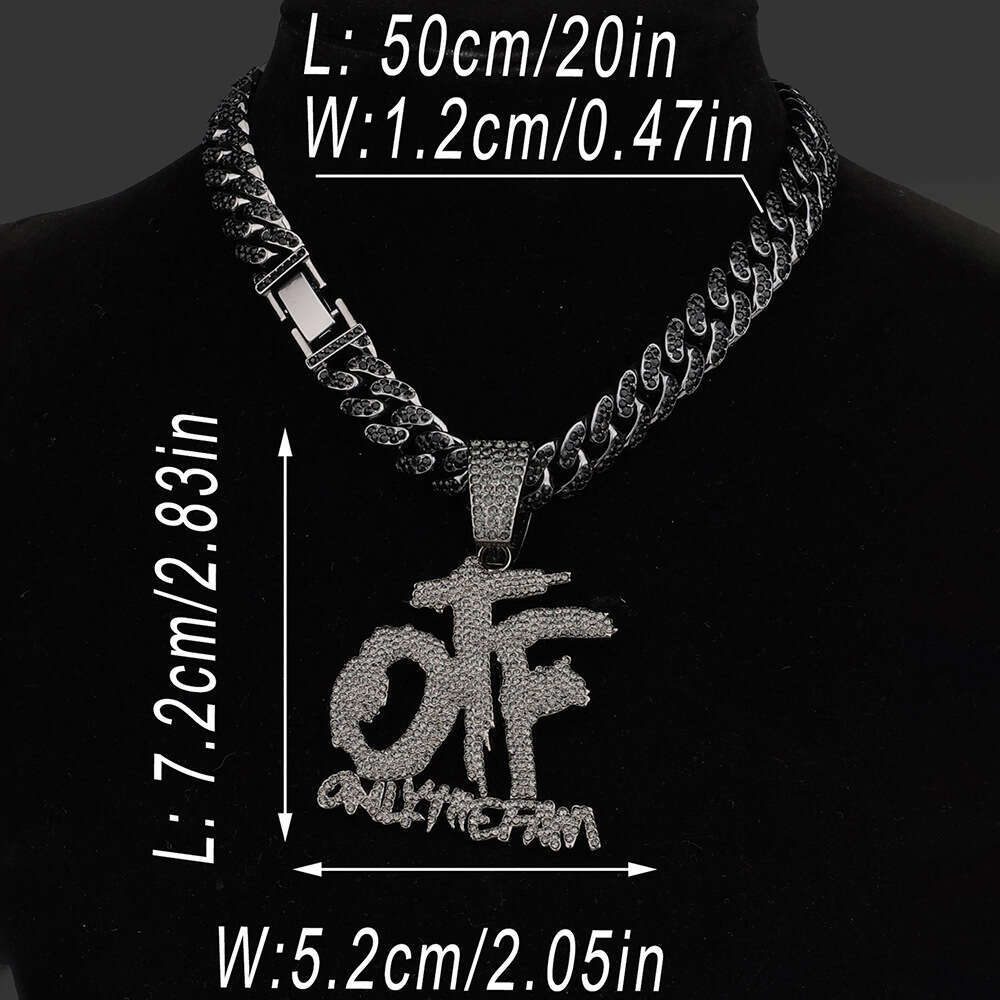 New Alloy Cuban Chain Hip Hop Full Rhinestone OTF Letter Necklace Pendant Fashion Straight Hair
