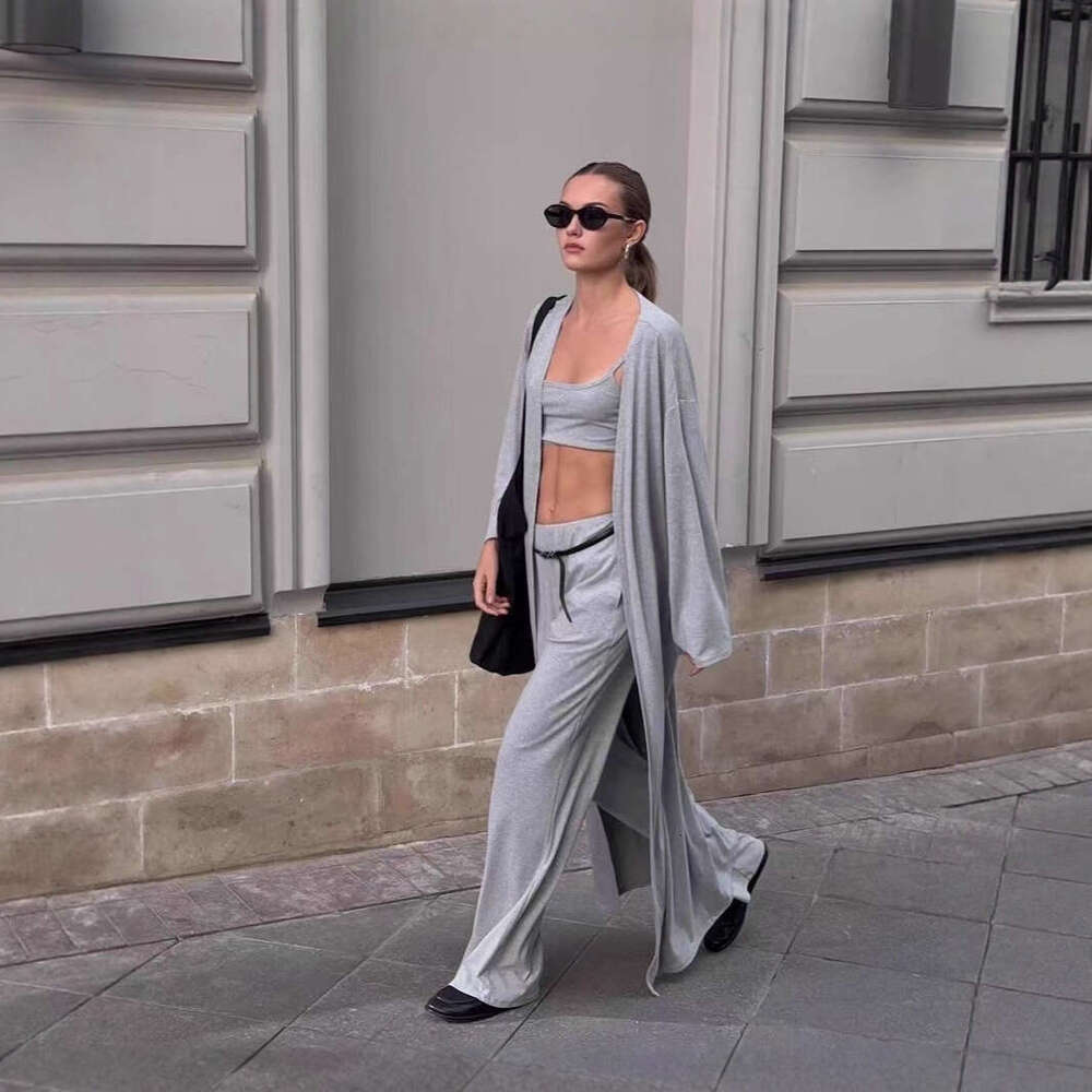 Lazy Style Loose Cardigan Short Skirt For Women With Camisole And Long Pants Three-Piece Set B5