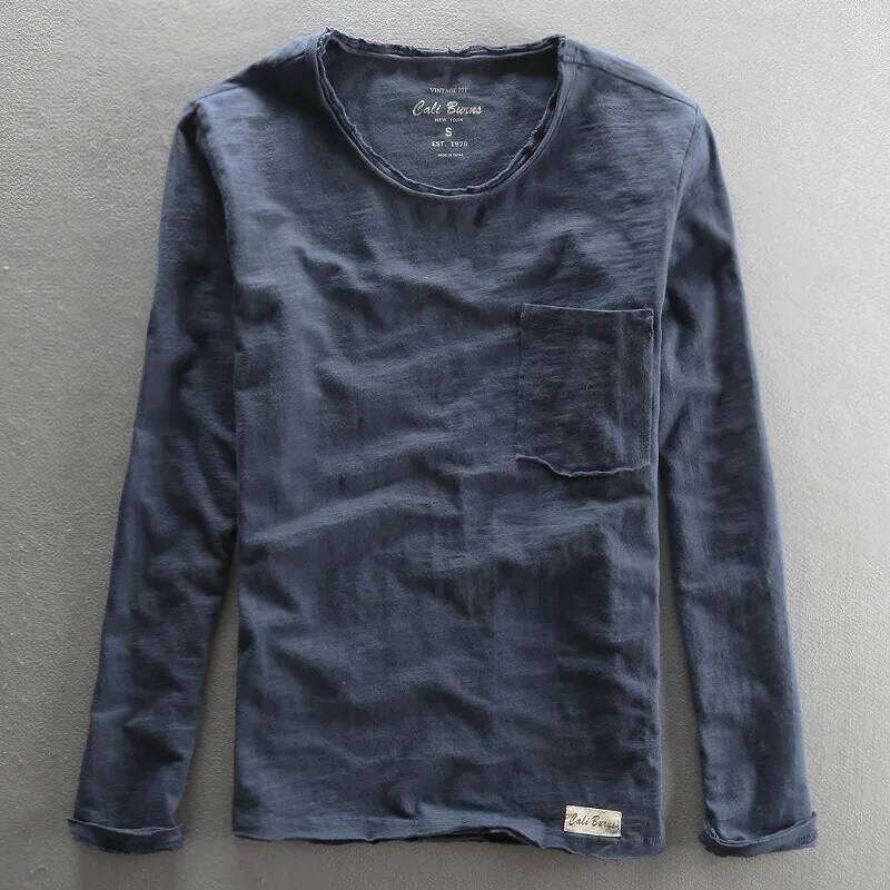 2023 Fashionable Vintage Solid Bamboo Cotton Long Sleeve O-Neck T-Shirt Male Casual Thin Tops Tees Comfortable Tshirts