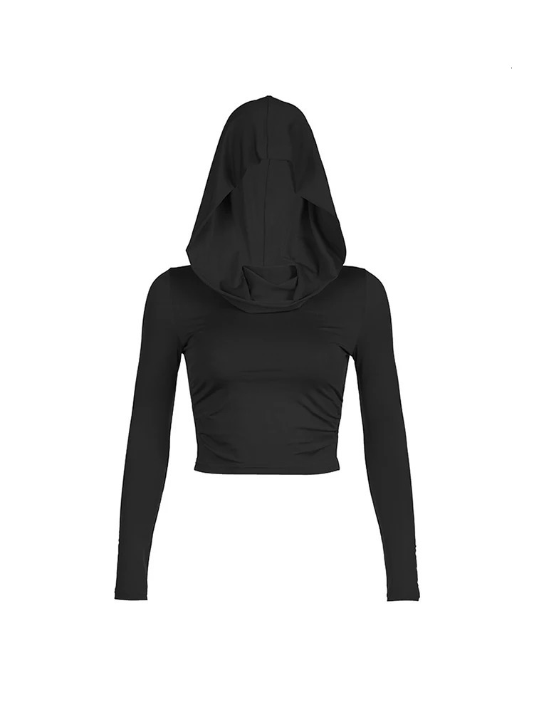 Womens Hooded Crop Tops Autumn Solid Color Long Sleeve Cowl Neck Slim Fit Short TShirt Streetwear Sporty Basics Tees 250729
