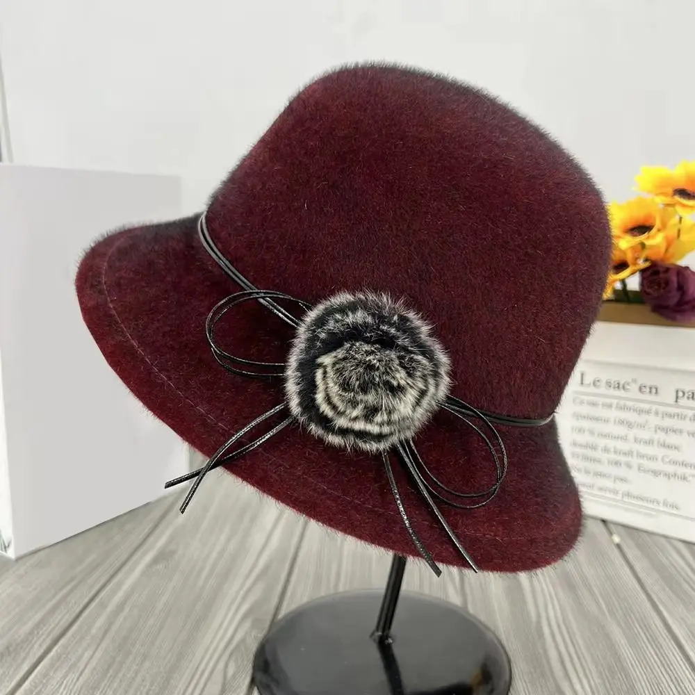 Vintage Outdoor Warm Ladies Fedora Hat with Fur Ball Solid Color Casual Basin Hat Windproof Fisherman Hat for Autumn Winter 250724