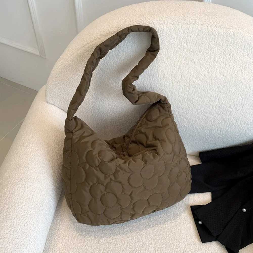 Women Soft Puffer Bag Fashion Zipper Satchel Bag Casual Floral Quilted Tote Bag Lightweight Large Capacity Slouchy Shopper Bag Y250729