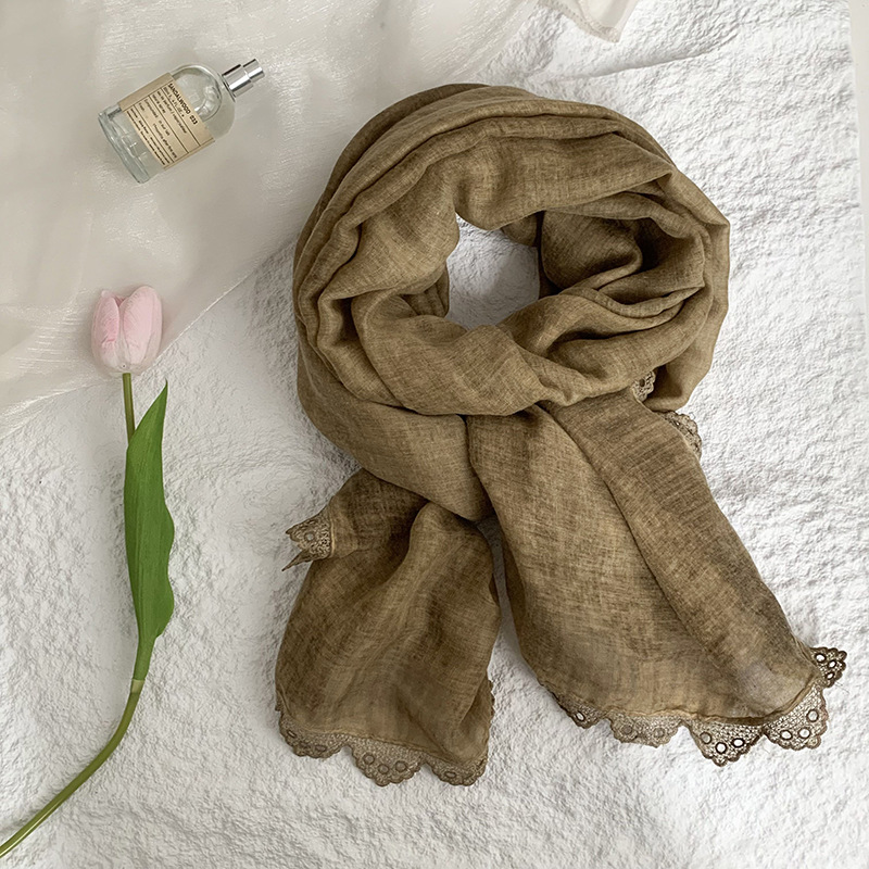 K1526 Korean style scarf spring and autumn new fashion solid color lace edge neck protection long scarf shawl