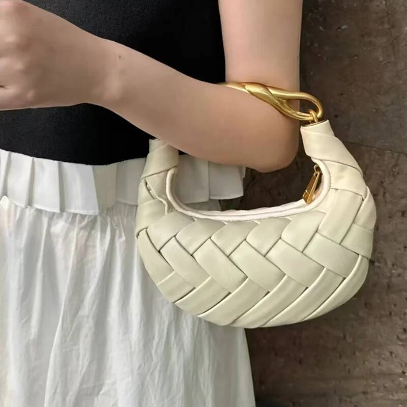 Hand-Woven Gold Handle Bird Nest Exquisite Brand Niche Designer New Cream White Half-Moon Shoulder Messenger Bag