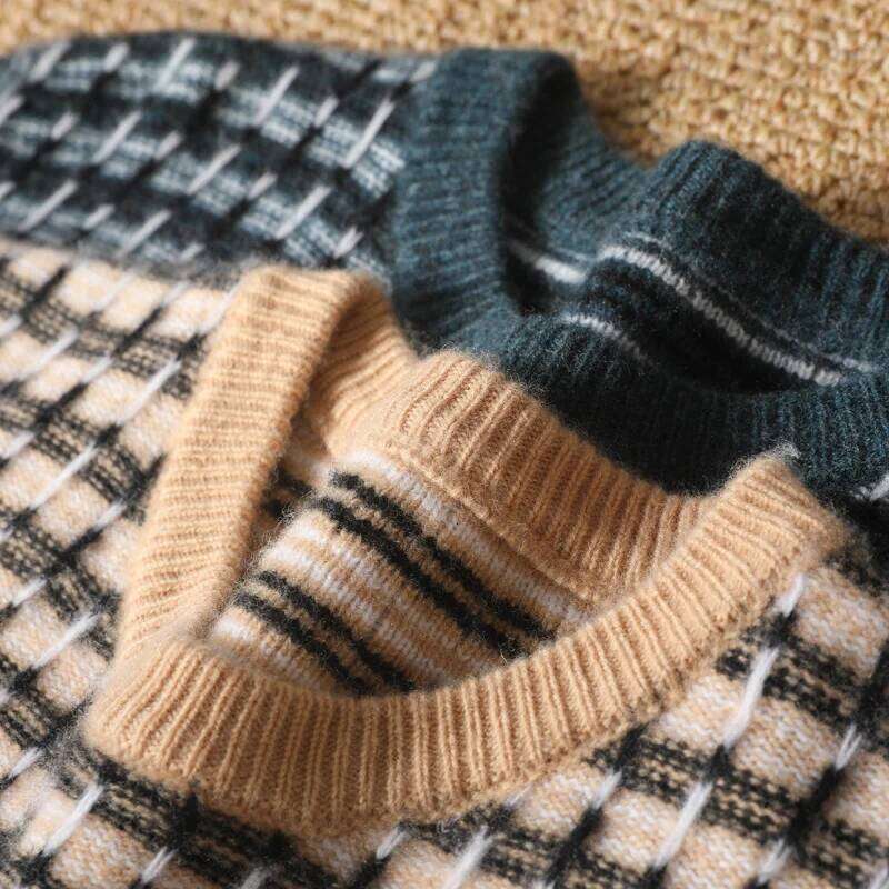 Autumn Winter Men 100% Merino Wool Soft Sweater O-Neck Stripe Grid Pullover Contrast Casual Knitting Jumper Thickened Loose Top MDNG