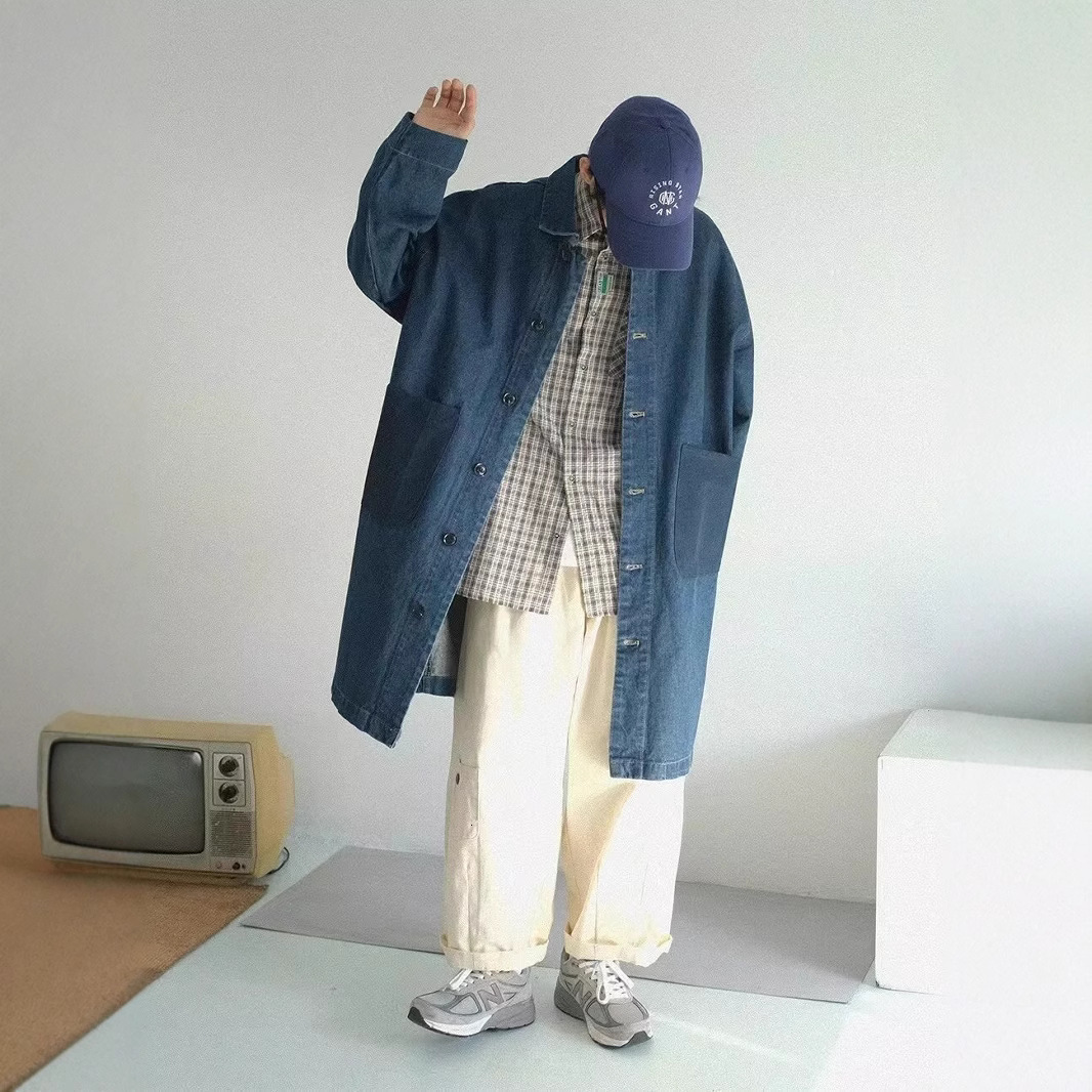 Simple Mid-Length Denim Trench Coat for Men Loose Casual Jacket Couple Outerwear Denim Coat 210524