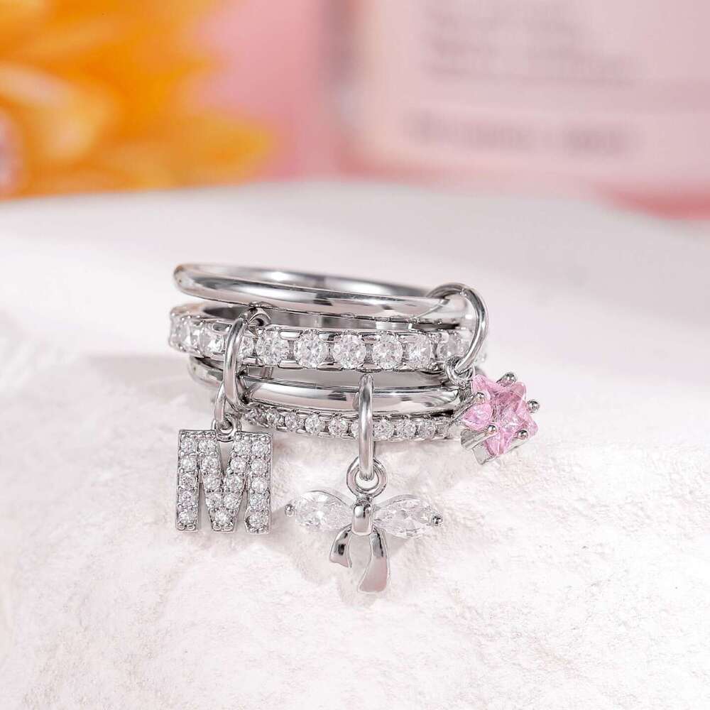 26 Letters Copper Inlaid Interlocking Full Diamond Zircon Ring Two-tone Multi-element New Hot Item