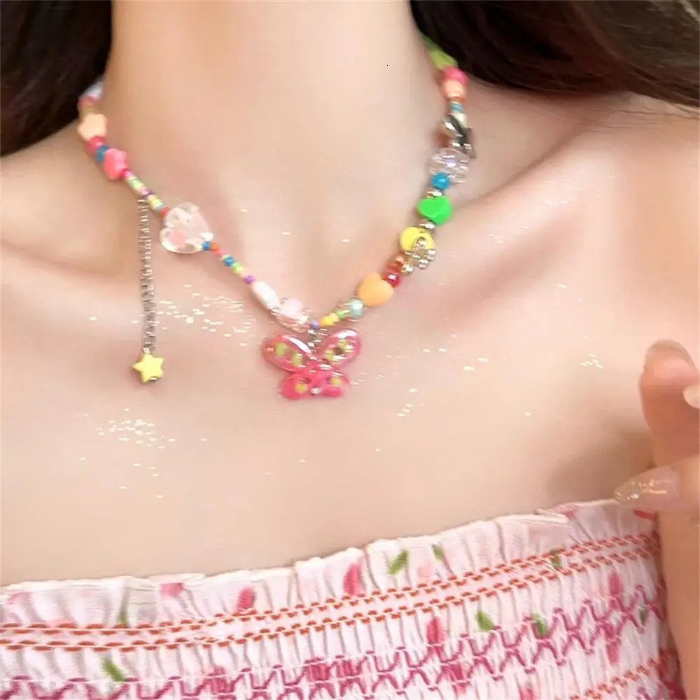 Y2k Rainbow Candy Beaded Choker Necklace Women Boho Beads Cherry Pendant Necklaces Vintage Irregular Girl Necklace Jewelry Gifts 250729