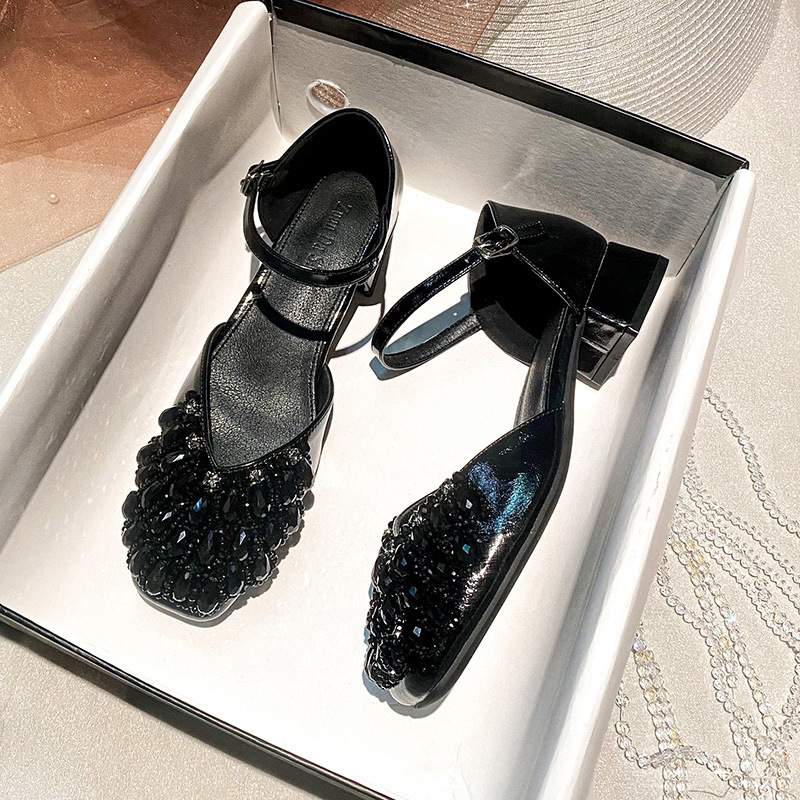 Summer New Women's High Heels Thick Heels Middle Heels French Water Diamond Hollow Sandals Women's Single Shoes New Fairy Style Designer Hig