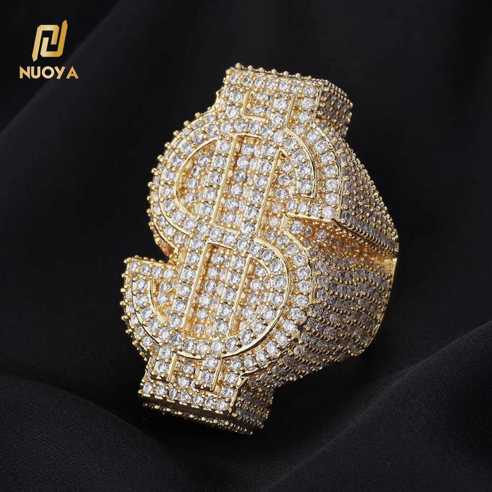 NUOYA Womens Trendy Fine Silver Plated Dollar Sign Ring Full Pave Iced Out Diamond Ring Hip Hop Party Jewelry