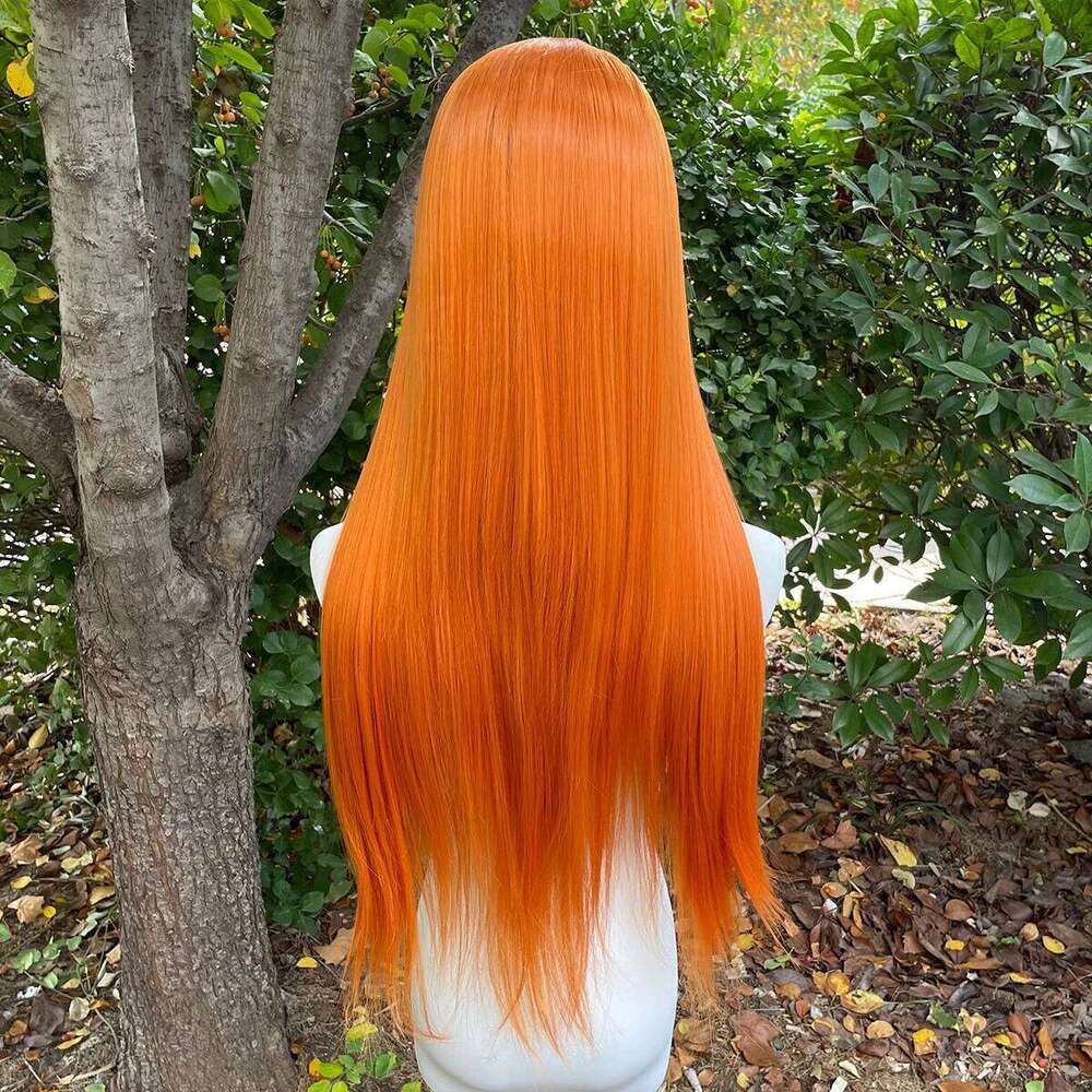 Light Orange Long Straight 13X4 Synthetic Lace Front For Women 26 Inch Glueless Wig Half Hand Tied 150% Density Medium Cap
