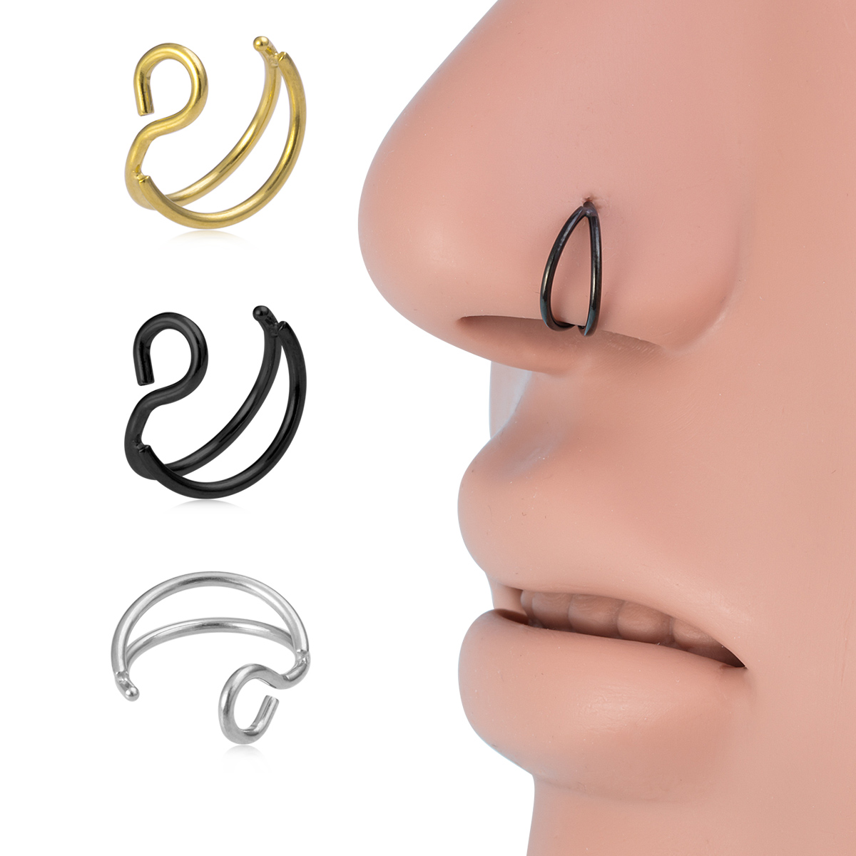 Double ring fake nose ring, stainless steel lip ring, human puncture jewelry wholesale