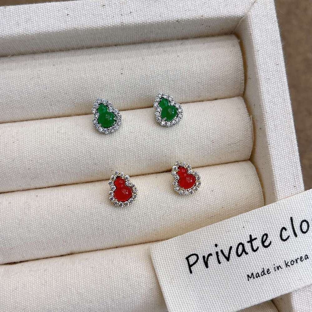 Chinese Green Red Earrings 2024 New High-end Light National Style Gourd Decoration Fortune and Prosperity 88d