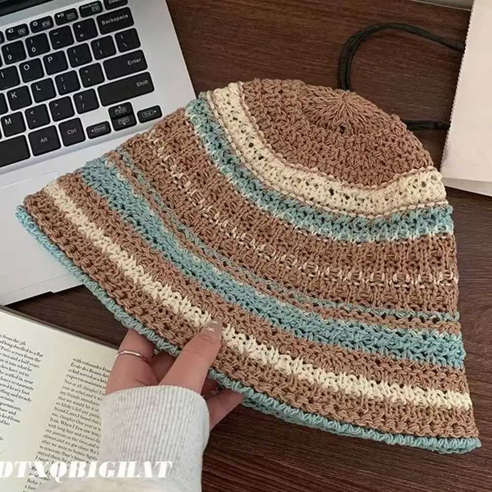 Striped Knitted Hollow Fisherman Hat UV Protection Big Eaves Str C Mticolor Breathable Sun Hat Summer Y250730