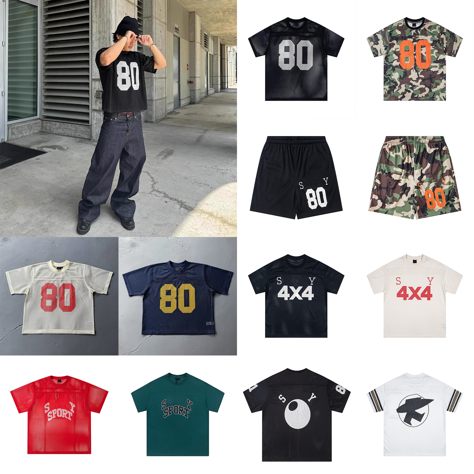 Men's Designer T Shirt Letter Print Mesh Soccer Jersey Shorts Set Vintage Hip Hop Jerseys Loose Casual Breathable Tracksuit Men