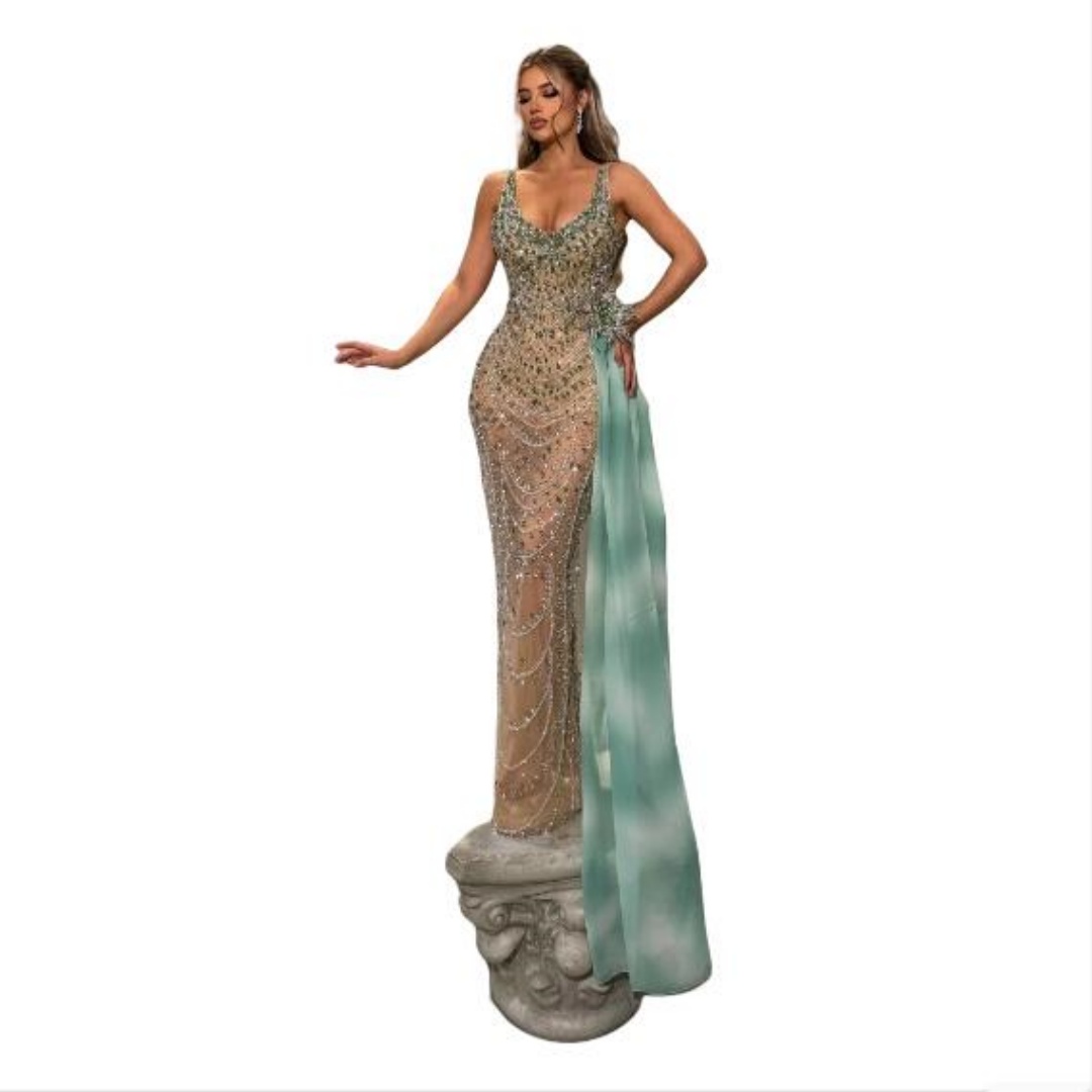 Elegant Beaded Rhinestone Evening Dresses Customized Sexy Sleeveless Crystal Prom Dress Backless Side Train Party Gown