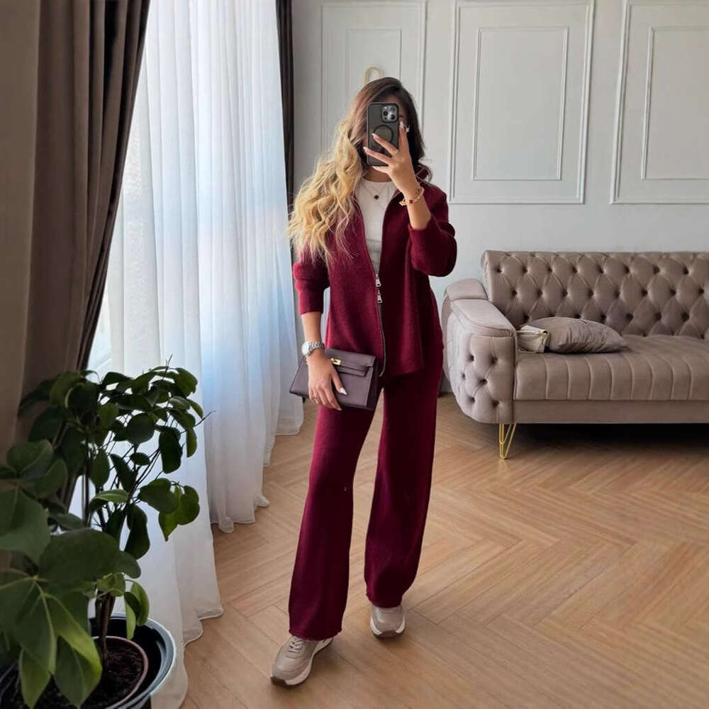 Angora Red Sweater Set Zipper Top Coat + Wide-Leg Pants Knitted Casual Women's Clothing B5