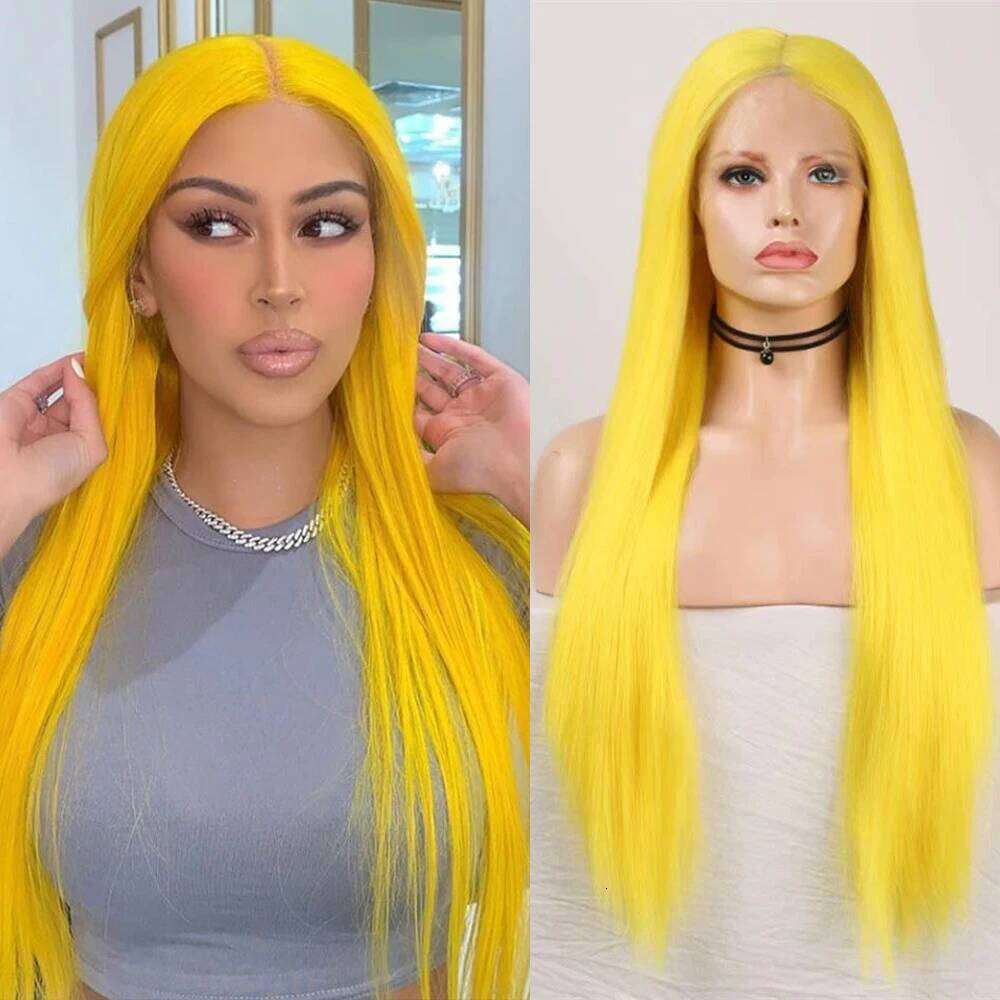 Wig Synthetic Front For Women Long Silky Straight Lace Human Hair Middle Lemon Yellow Wigs Cosplay Part