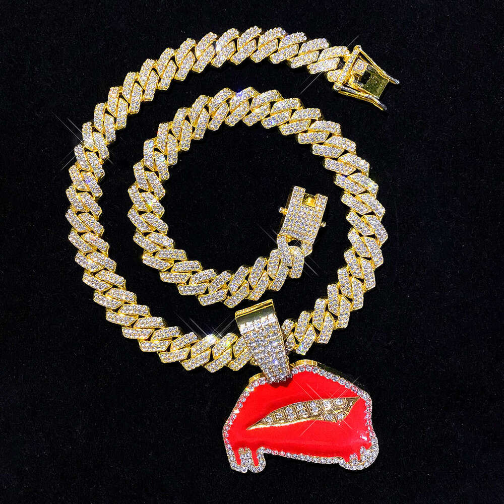 Inlaid Dia Oil Drop Sexy Red Lip Pendant Hip Hop Personality Creative Alloy Cuban Chain Necklace