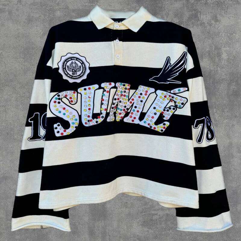 2 Pcs Co-ords Sume Rugby Dia Embroidery Stripe Polo Shirt Y2K Retro Classic Unisex Oversized Long Sleeved Shirts Sets