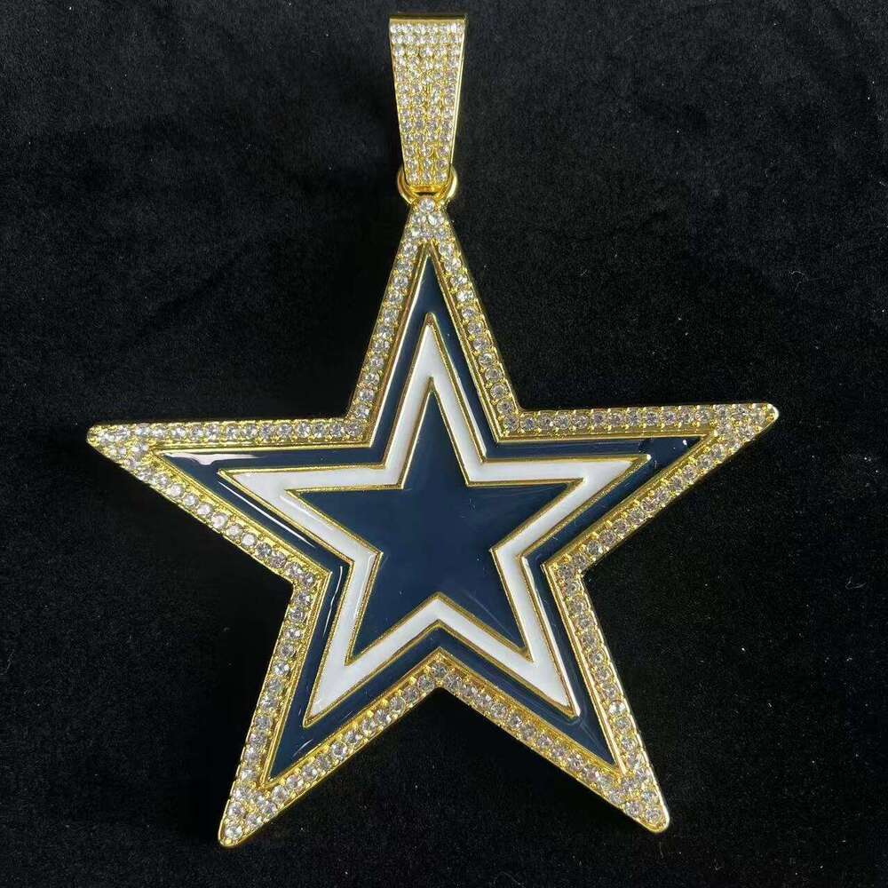 Hot Selling Blue Oil Drop Inlaid Dia Five-Pointed Star Pendant Hip-Hop Alloy Cuban Chain Personalized Creative Necklace