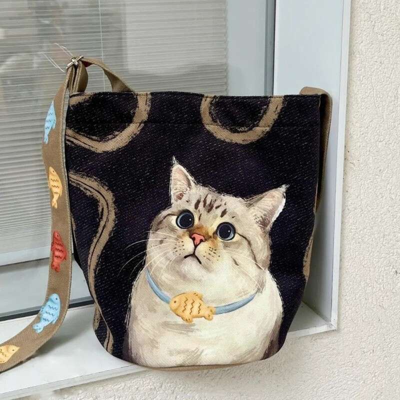 Kebidou Korean Style Lazy Large Capacity Relaxed Canvas Cat Shoulder Bag Unique Design