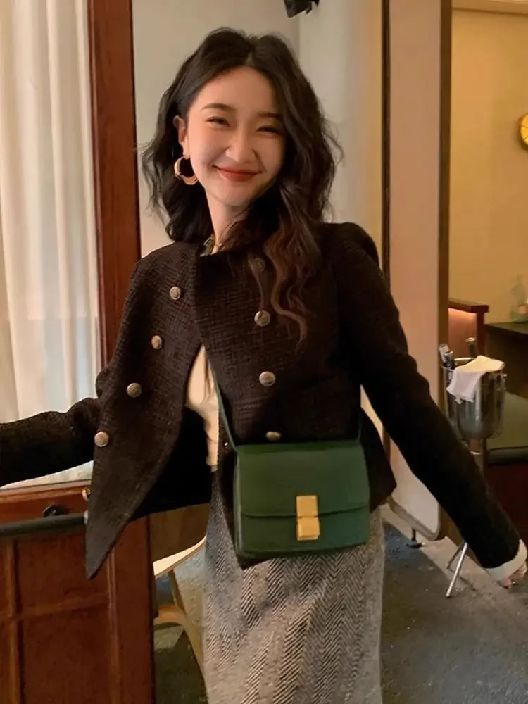 Vintage French Buttons Tweed Jacket Women Spring Autumn Coat Cropped Short Tops Long Sleeve n Clothing Trends 250730