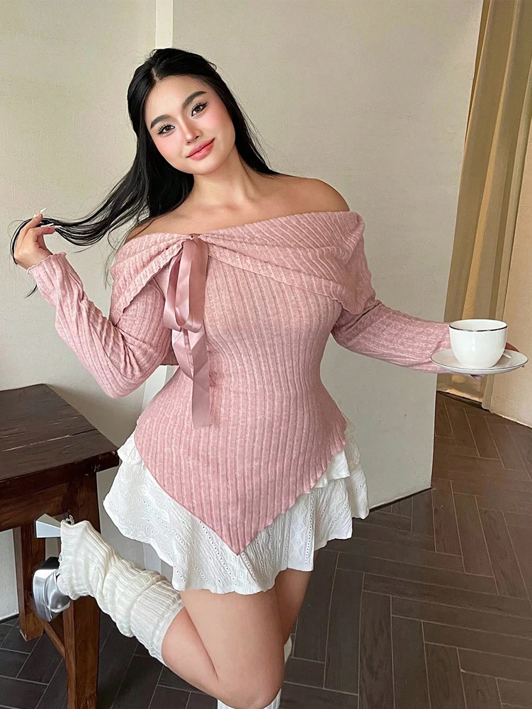 Plus Size Womens Solid Color Strapless Long Sleeve Simple TShirt Spring Daily Casual Dress Up Cute Wind Pure Polyester 250729