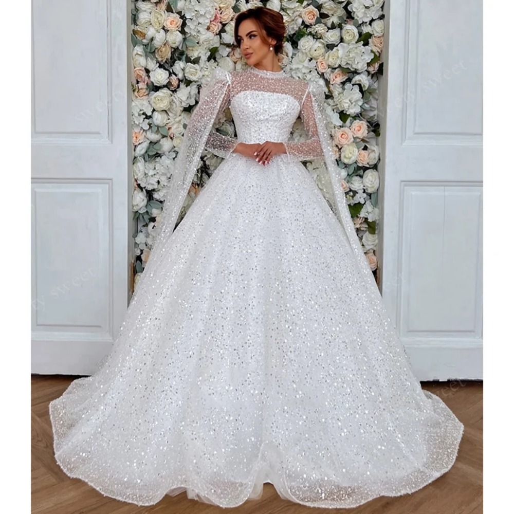 Luxurious Wedding Dresses Fully Beaded A-Line Ball Gown High-Neck Full Sleeve Customized Bridal Gowns Vestido De Novia Button Shawl