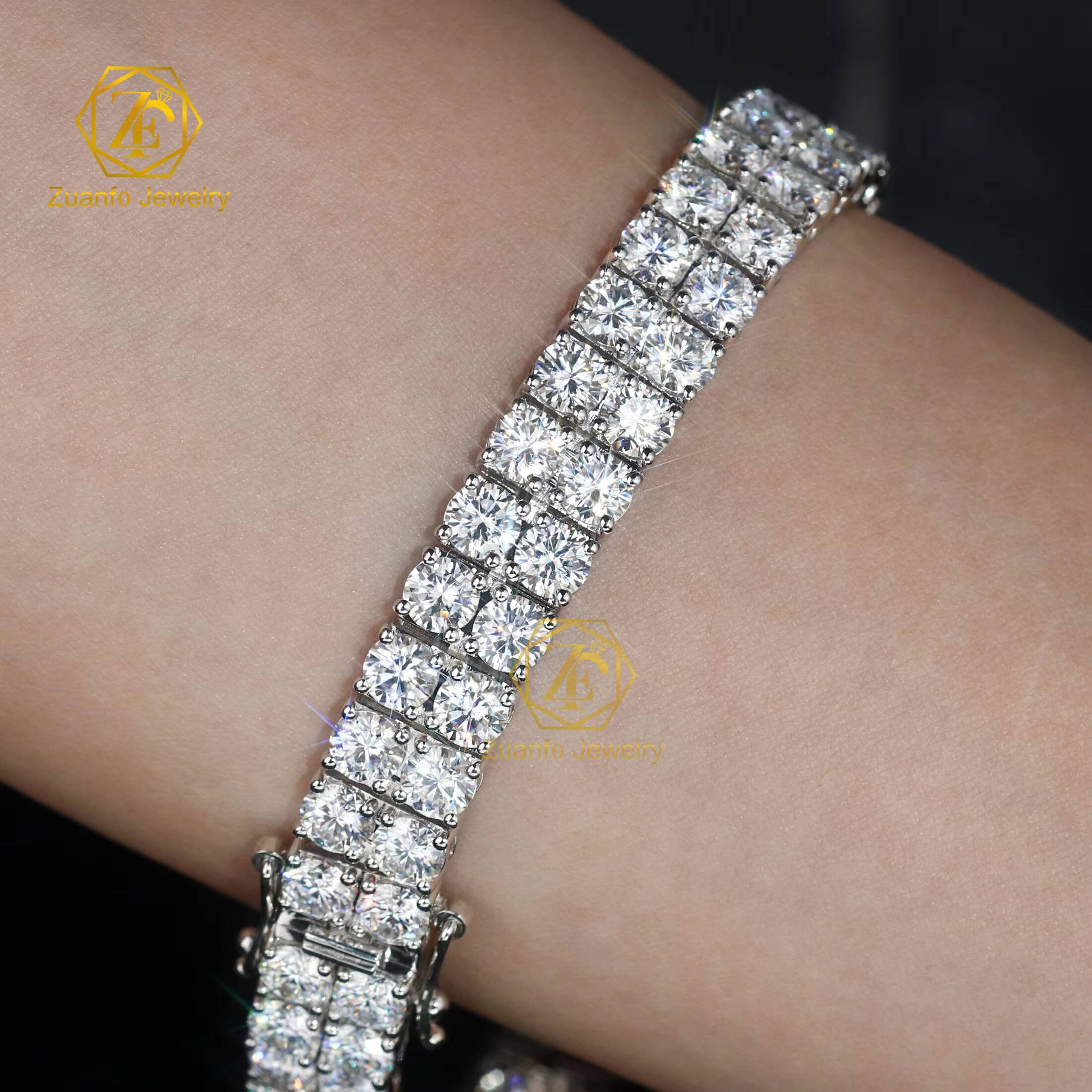 Hip Hop Charm Jewelry Bracelet 2 Rows Clustered Gra Synthetic 5MM 0.5CT Moissanite Diamond 10MM Wide Tennis Bracelet for Women