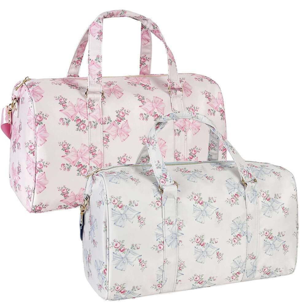 2024 Fashion Nylon Waterproof Flower Bow Printed Ladies Shoulder Bag Travel Gym Duffle Handbags