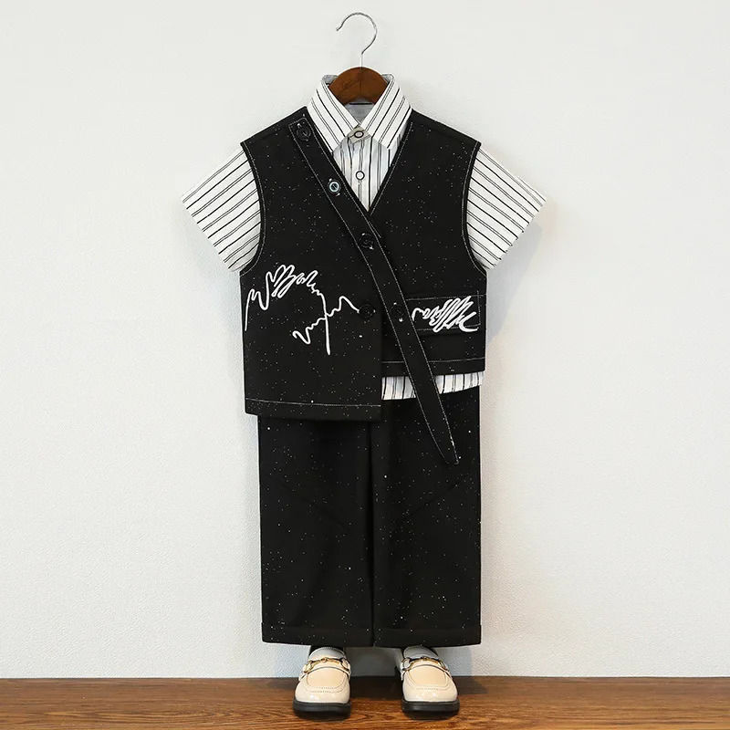 Children Suit Retro Starry Sky Vest Set for Boys Birthday Party Tuxedo Beige Elegance Kids Wedding Piano Performance Outfits 8 Y 250729