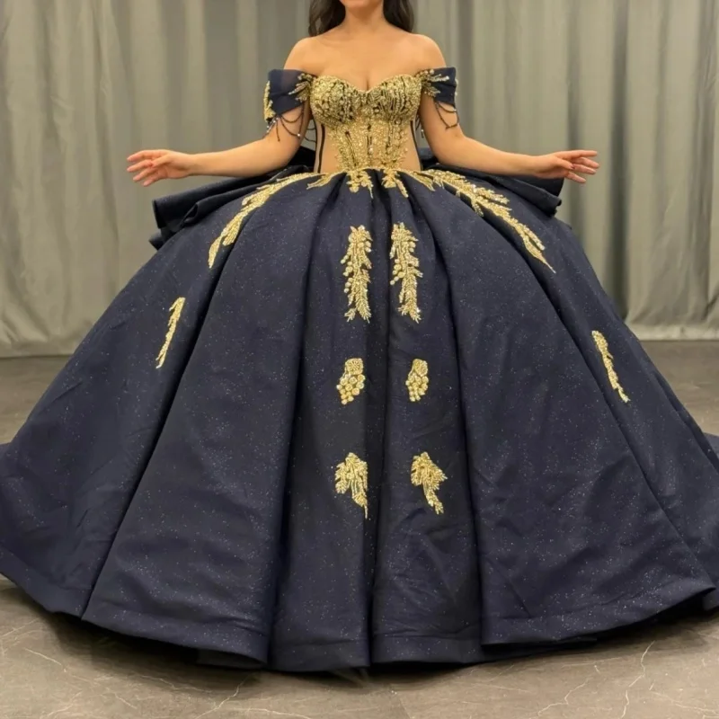 Navy Blue Shiny Quinceanera Dresses Off The Shoulder Gold Applique Lace Beading Bow Tulle Vestidos De 15 Anos Sweet 16 Dress