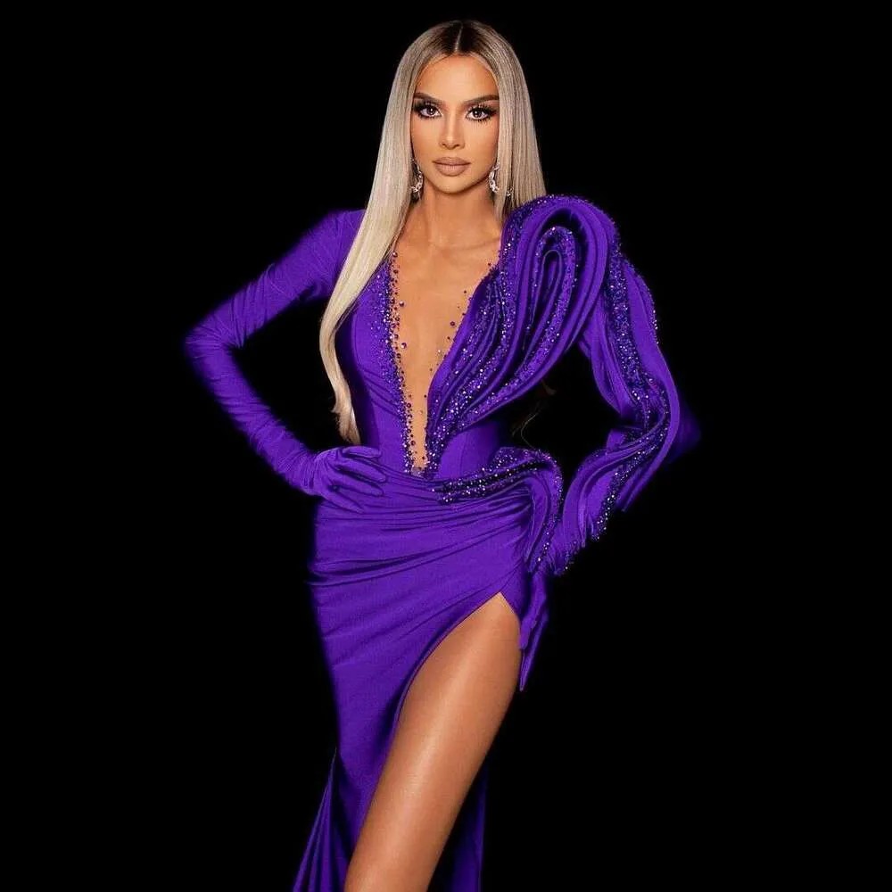 legant Purple prom Dresses For Formal Event Puffy Long Sleeves V Neck High Slit Sexy Mermaid Gowns Custom Made