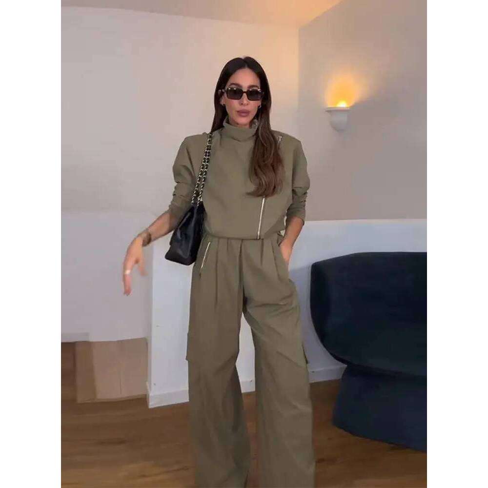 Women Tracksuit Pant Stand Collar Long Sleeve Jacket Loose Waist Pockets Wide Leg Pants Two Piece Set Lady Sport Suit