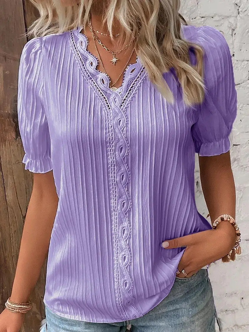 Elegant Women Blouse Shirt V Neck Lace Patchwork Short Sleeve Shirts For Summer Lady Tops White 250729