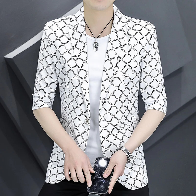 2025 Mens Summer Casual Slim Business Wedding Fashion Trend Handsome half sleeve Blazer Print Small Suit 250724