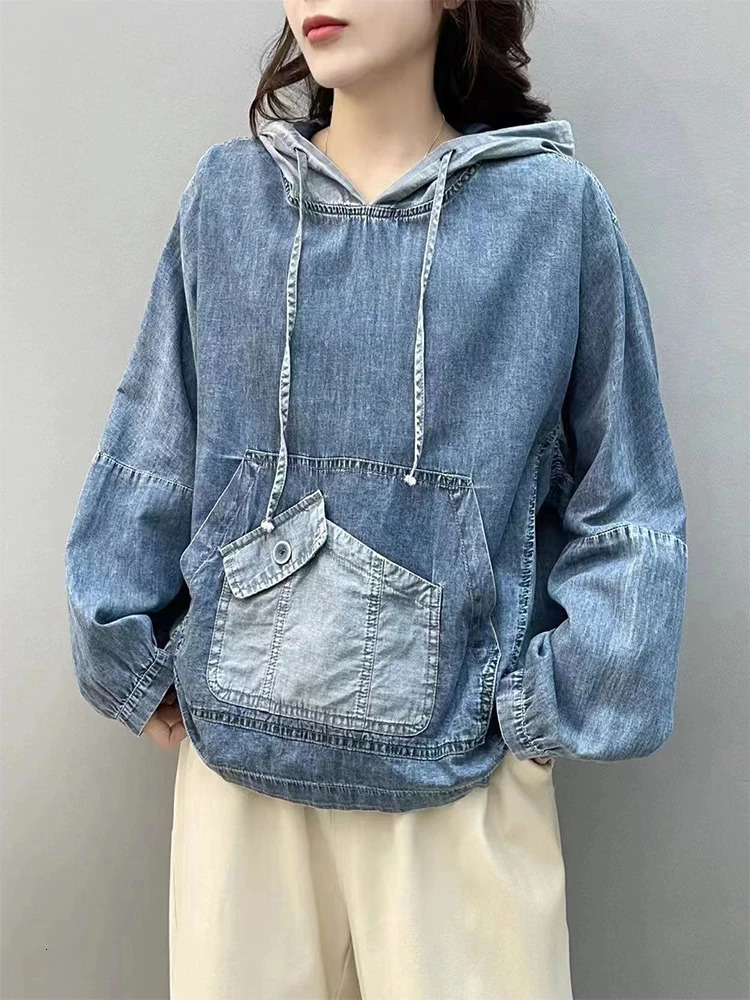 AmaxluluE Spring Fashion Denim Hoodies Women Vintage Hooded Classic Loose Sweatshirts Ladies Harajuku Casual Korean Clothes 250730