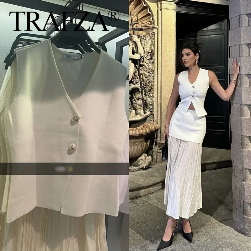 TRAFZA Women Knitted Skirt Set Beige VNeck Sleeveless Slim Vest Solid Patchwork Long Streetwear Summer Casual 250730