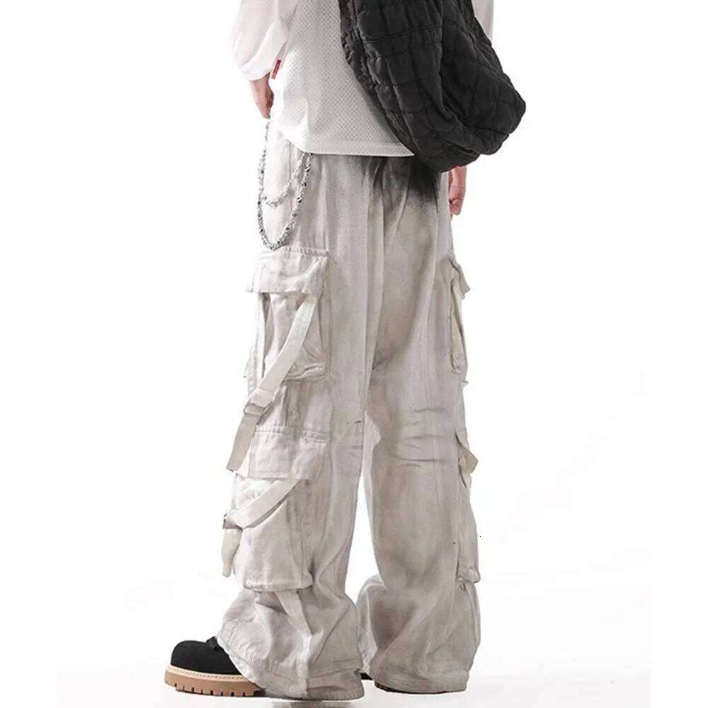 Summer New Contrast Color Baggy Jeans Multi-Pocket Overalls Retro Fashion Casual Trend High Street Hip-Hop Men's Bottoms