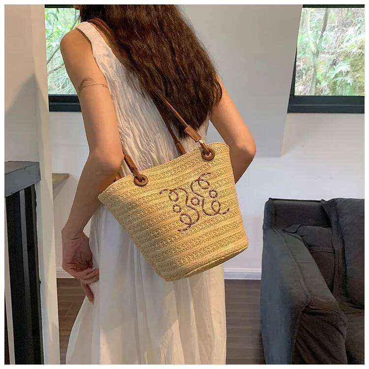 Summer New Vacation Woven Straw Bag, High Quality Seaside Beach Bag for Women, Women's Beach Bags Bucket Bag