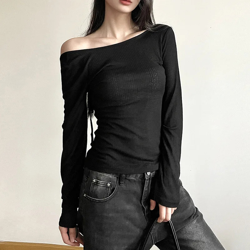 Women Autumn Longsleeved Slash Neck Crop Tops Elastic Sexy Slim Backless Tshirts Female Fashion Laceup Solid Top Tees 250729