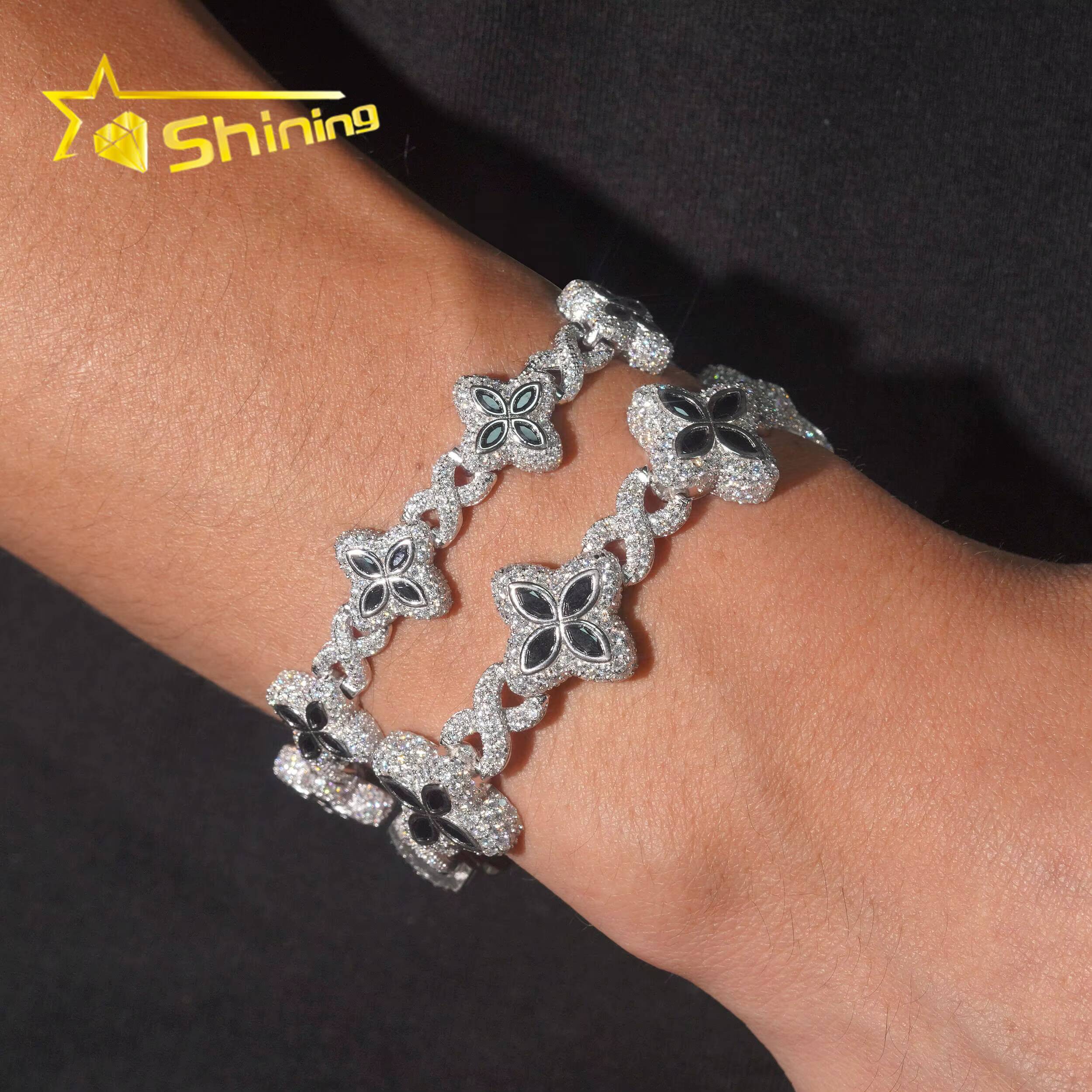 Hot Sale 15mm 18mm Black Color Moissanite Clover Bracelet Hip Hop Jewelry 925 Silver Iced Out Infinity Moissanite Cuban Bracelet