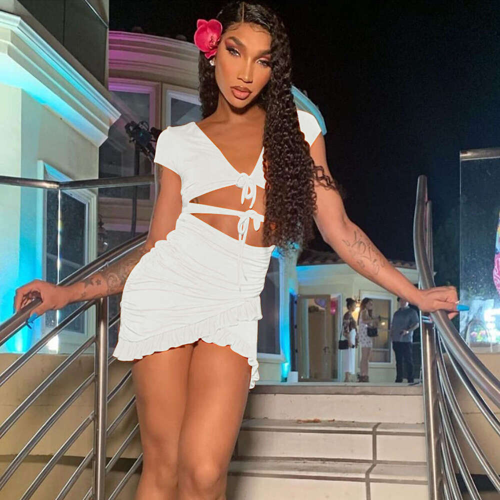 Women's Deep V Neck Hollow Out Ruffled Bodycon Sexy Dress B5