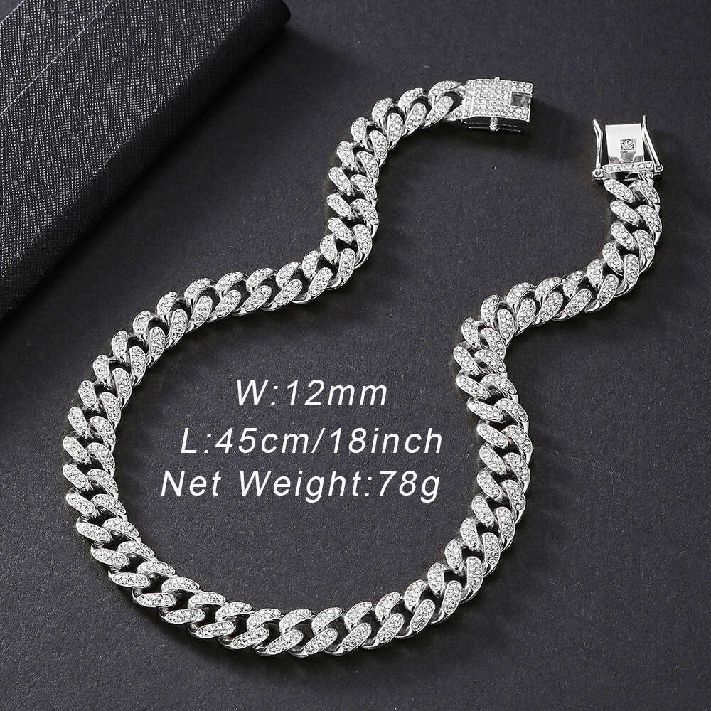 12mm Hip-Hop Trend Full Dia Chain Light Fashion Versatile Alloy Rhinestone Cuban Necklace