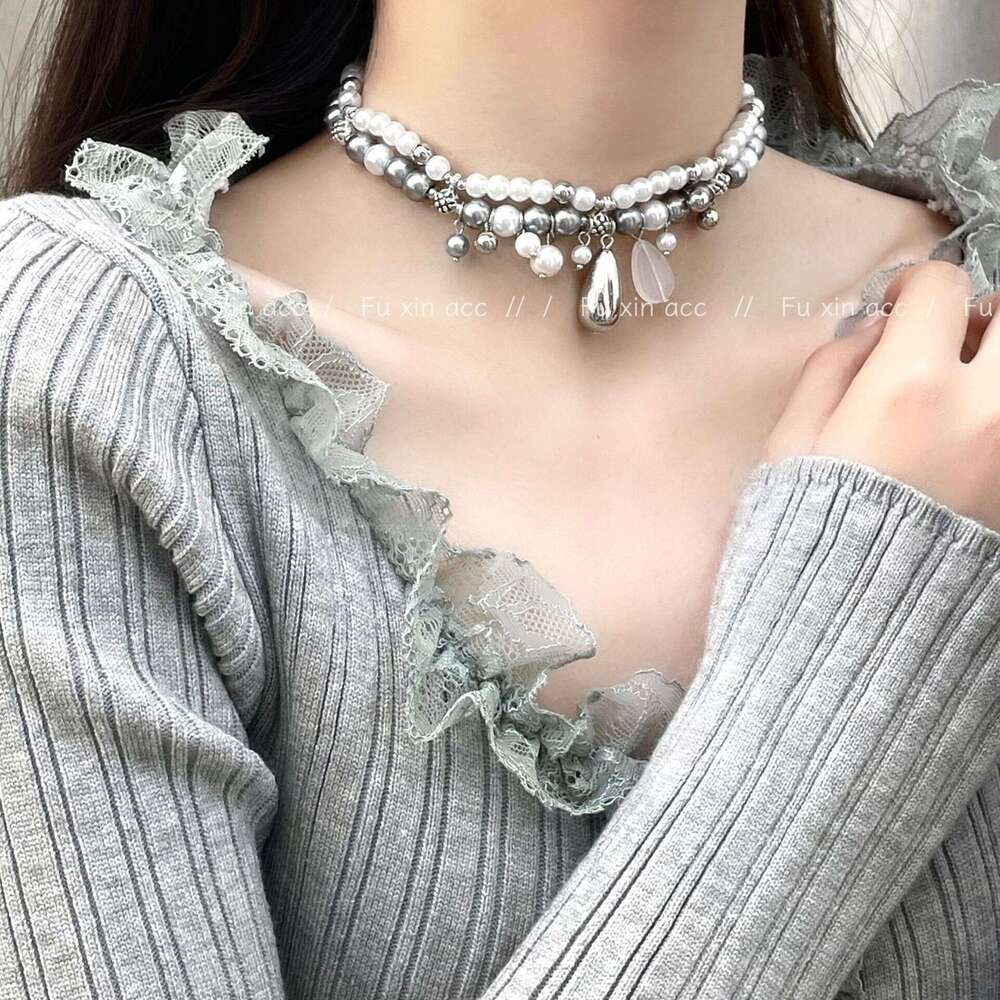 Sier Water Drop Pearl for Women 2024 New Light Niche Clavicle Chain Minimalist Double Layer Star Necklace 3aa