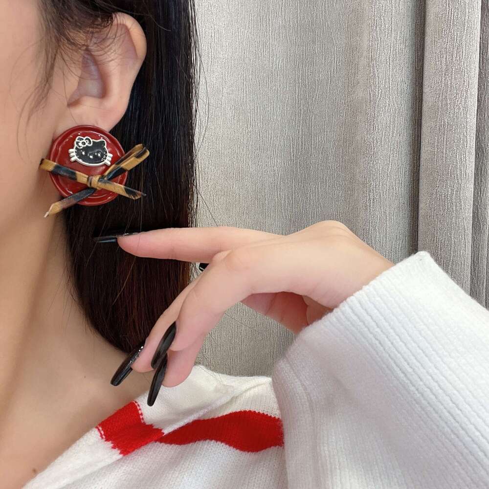 Autumn Winter New Round Cat Leopard Print Bow Fashion Sweet Cute Korean Style High-end Earrings for Women 281