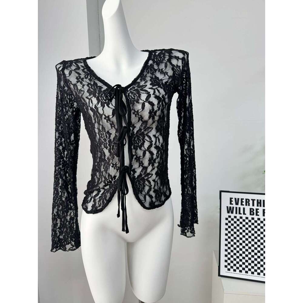 Thin Hollow Out U-Neck Long Sleeve Lace Blouse Women's Spring Summer Layerable Sweet Spicy Pure Desire Style Cover-Up Sun Protection Top B5