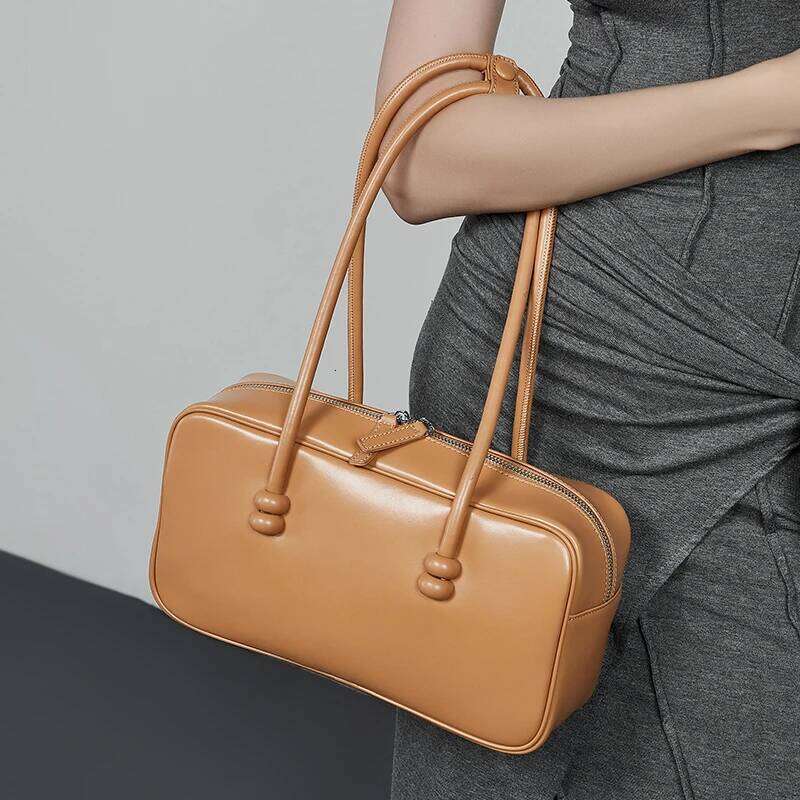 Burminsa Cowhide Genuine Leather Underarm Shoulder Bags For Women 2025 Designer Work Satchel Bowling Tote Ladies Handbags