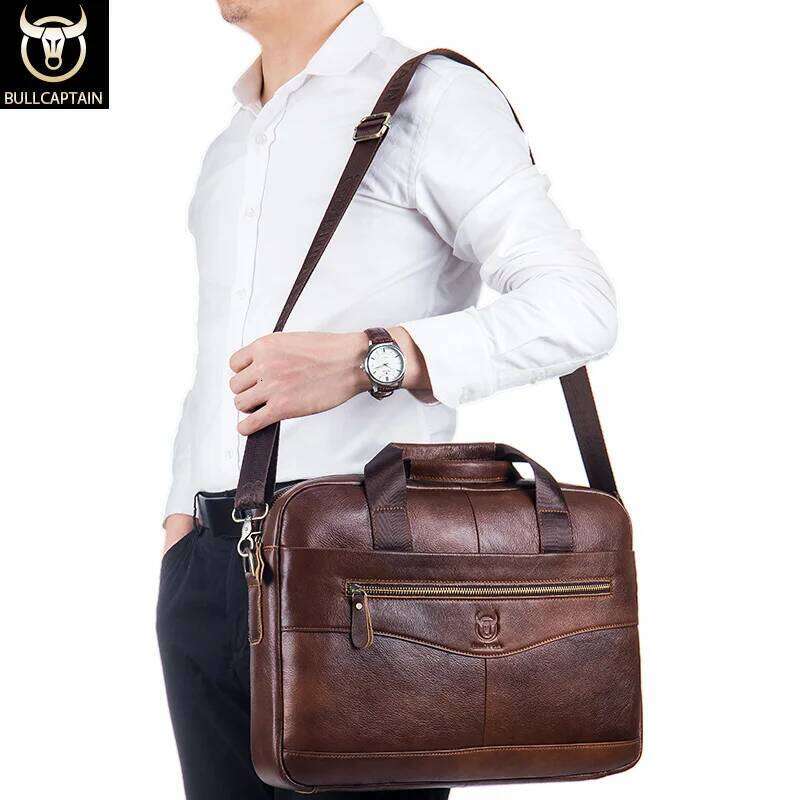 BULLCAPTAIN Shoulder Messenger Bags Genuine Leather 14-inch Laptop Bag's Men's Briefcase Office Business Handbag